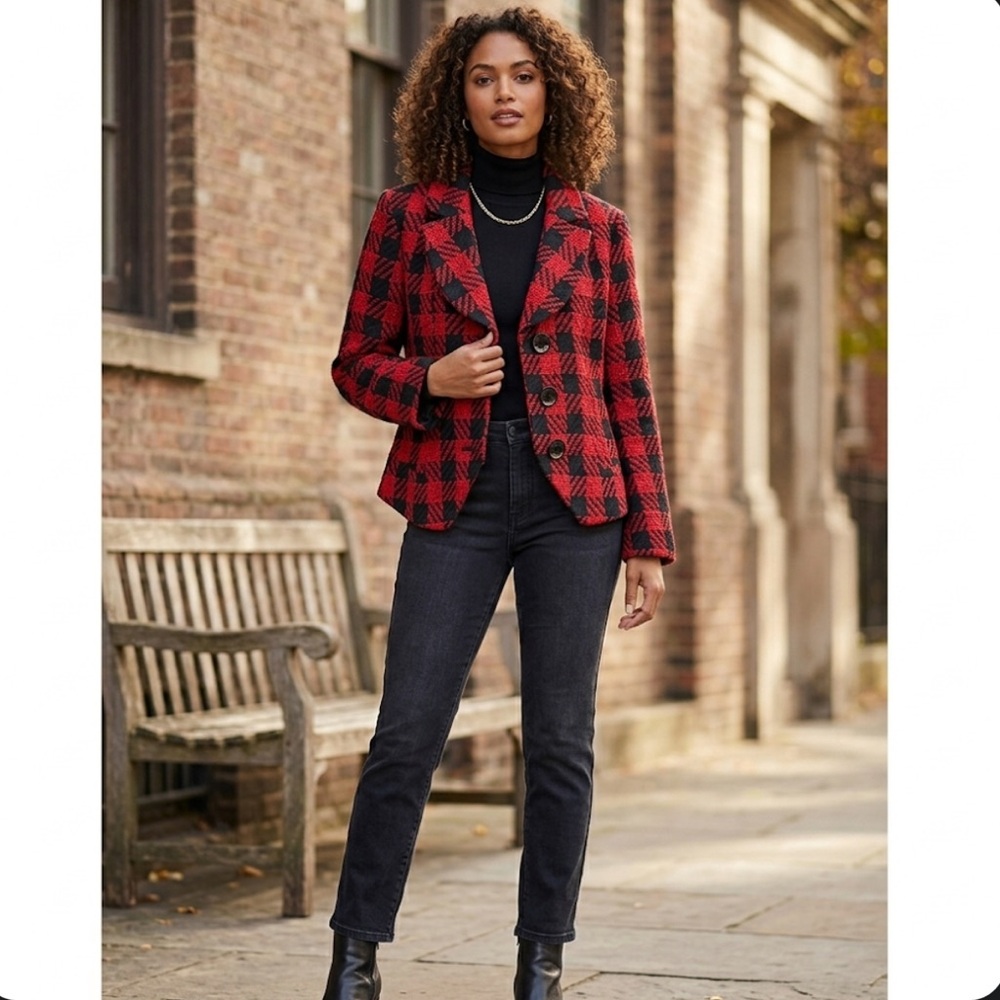 Coldwater Creek Red Black Plaid Tweed Blazer Jacket Size 10